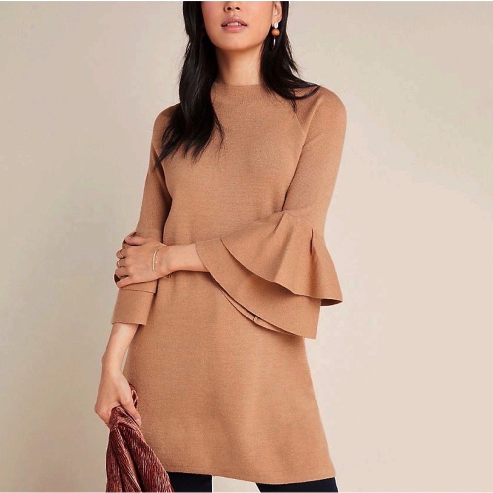 Anthropologie Sweater Dress Bell Sleeve Tunic Camel Brown Metallic Knit Large